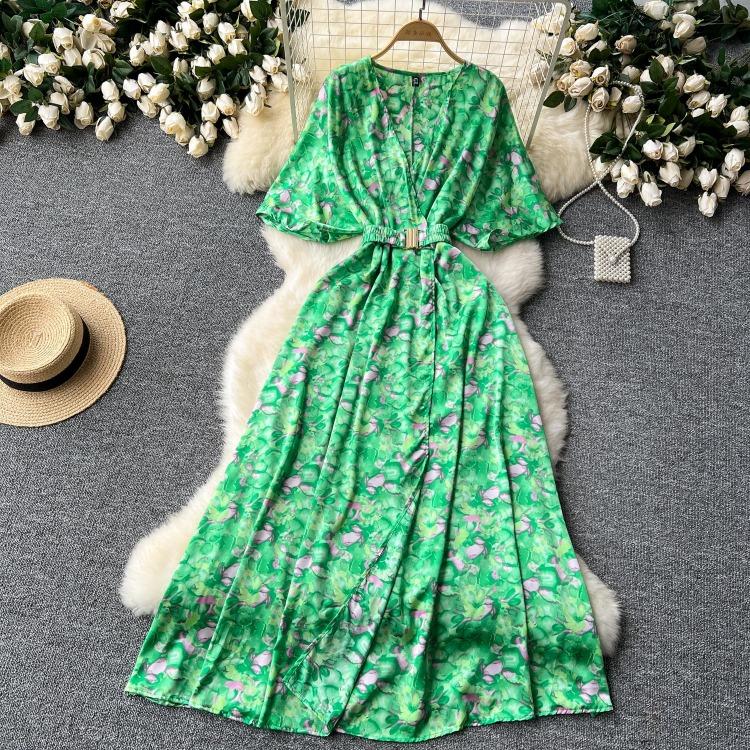 Vintage Elegant V Neck Split Print Short Sleeve Dress Chic Slim A Line Vestidos Summer Vacation Party Women Fashion Dresses