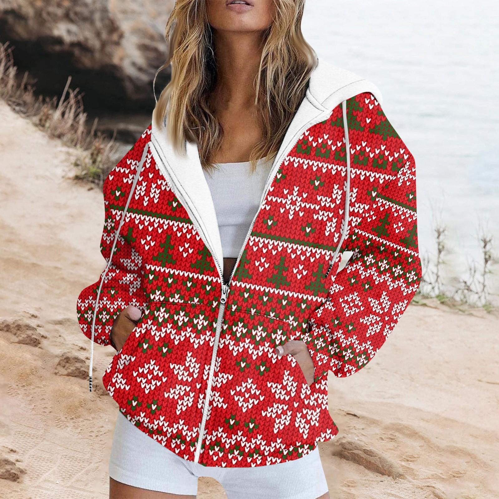 Женская модная повседневная толстовка с рождественским принтом, карманная куртка, толстовка на молнии M красный