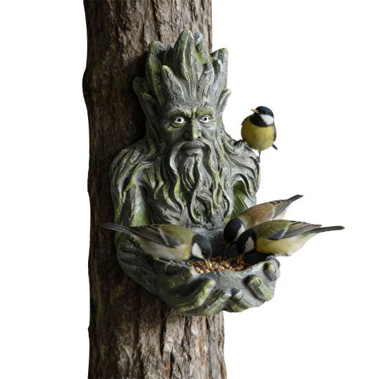 Baumgesicht Vogelhäuschen Harz Baum alter Mann Skulptur Vogelfutterhalter Wetterfest Outdoor Vogelhäuschen für Garten Terrasse Hof Dekoration