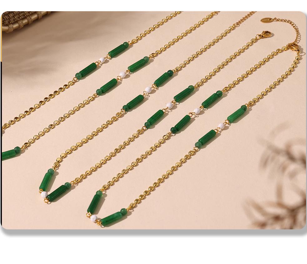 Collier Bambou Pierre Dongling Verte Qiong Yao: Chaîne de clavicule élégante et polyvalente en acier inoxydable pour femmes