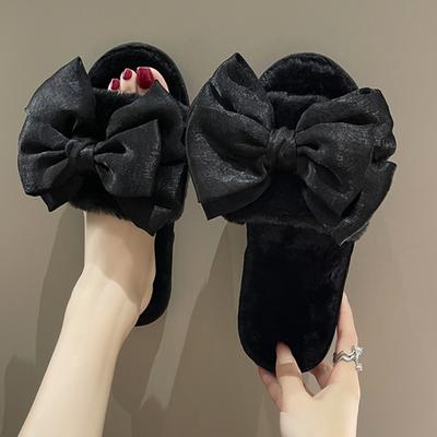 Women House Slippers with Bow Faux Fur Fashion Warm Shoes Woman Slip On Flats Female Slides Black Pink Cozy Home Furry Slippers