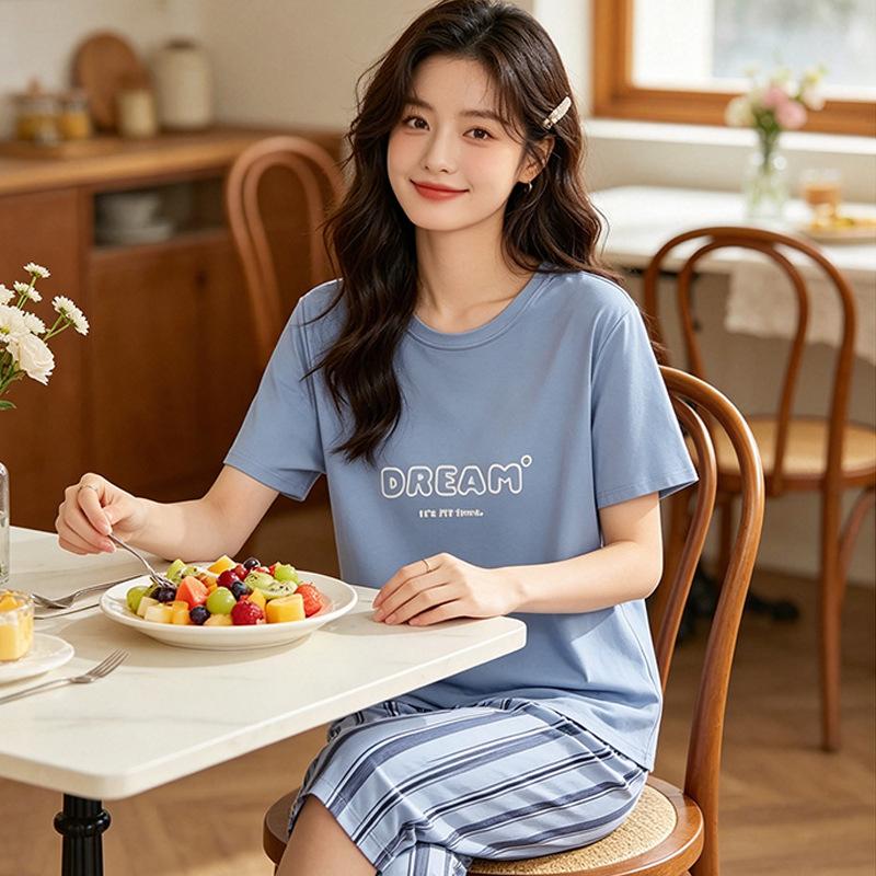 Korean minimalist style pajamas for women, summer cool thin cotton striped cropped pants, letter short-sleeve crew neck loungewear set
