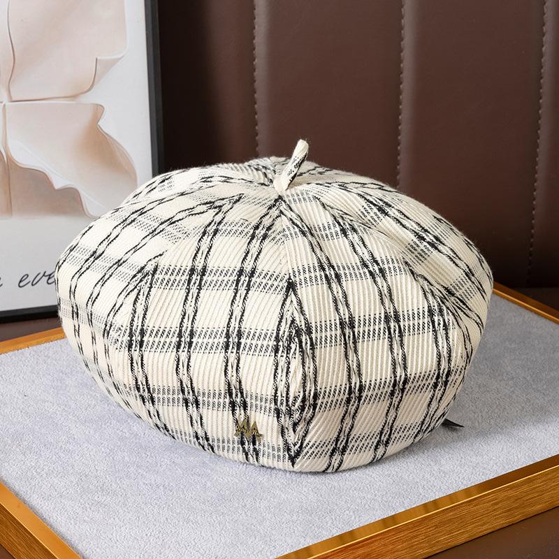 

Весенне-летняя новая клетчатая шляпа-тыква женская литературная и ретро маленькое лицо звезда рог берет One size