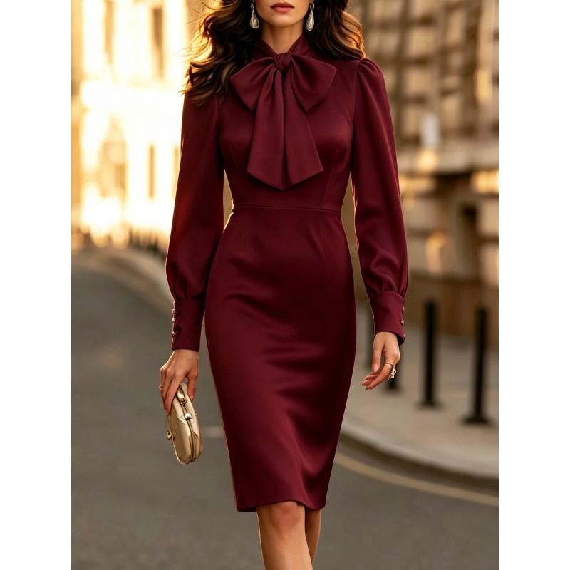 Elegantní zavinovací midi šaty s dlouhým rukávem, přiléhavé, s mašlí, vysoký pas, do kanceláře