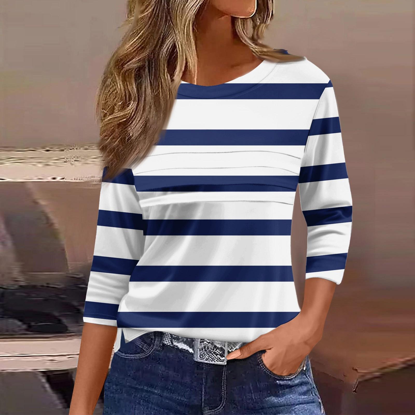 

Женская мода повседневный свободный топ с рукавом 3/4 в полоску с круглым вырезом XL