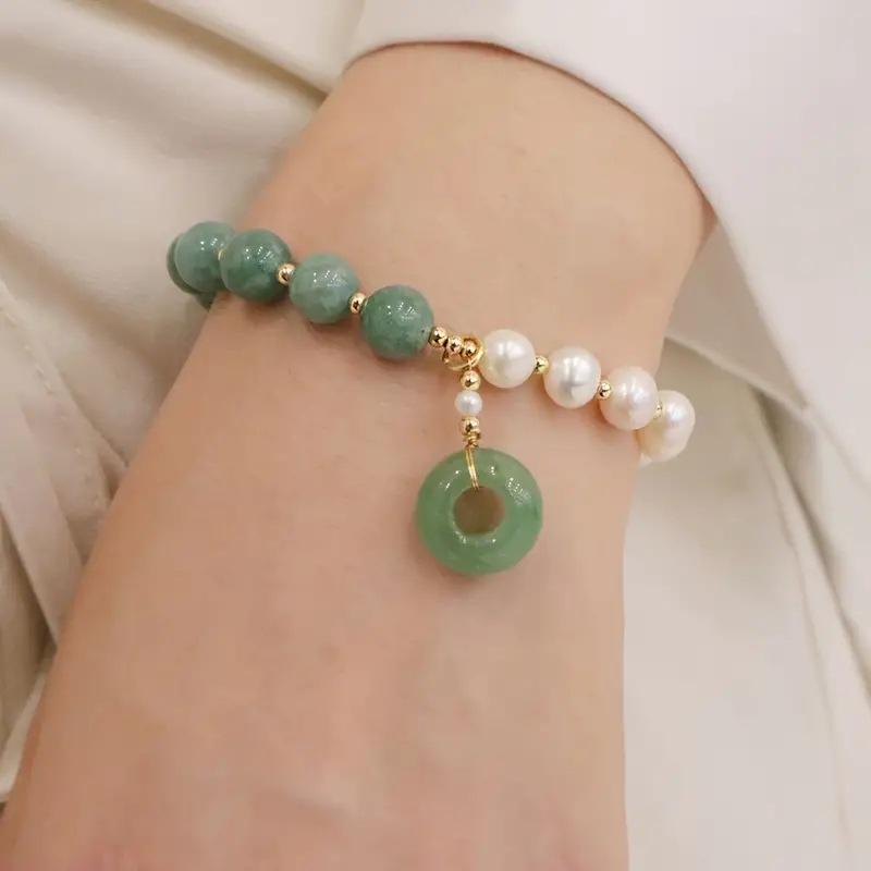 Jade Dongling, Jade Hotan, calcédoine verte, bracelet à breloques fermoir sécurité, perle d'eau douce naturelle, perles de cristal, bracelet fille