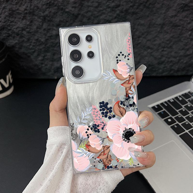 Motif Floral Plume Pailleté Étui de Téléphone Slim Pour Samsung S25 Ultra S24 FE S23 A56 A36 A16 A55 TPU Antichoc Bord Souple Paillettes Coque Arrière Rigide en PC