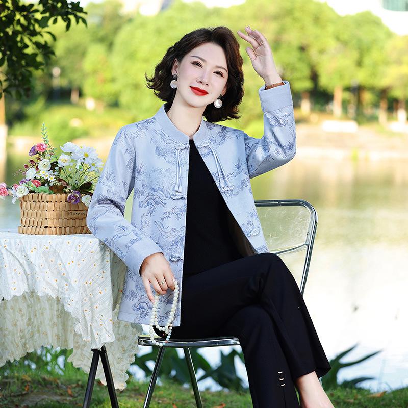 

Mom s 2026 Autumn New Chinese Style Top for Middle-Aged and Elderly Women - Elegant Tang Suit for Spring and Autumn 2XL (105-120 lbs) синий