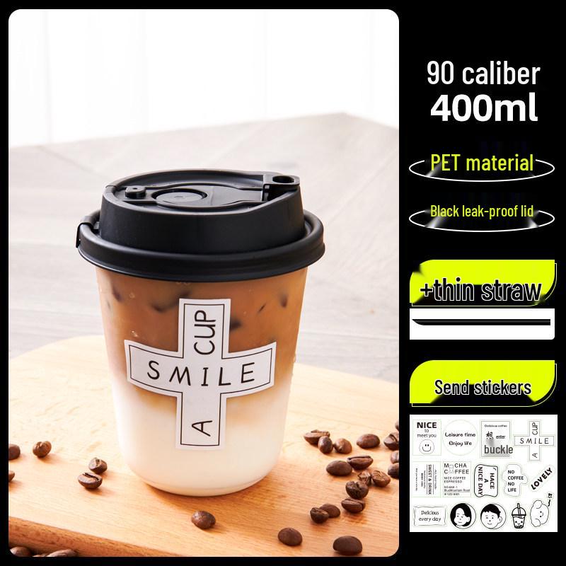Transparent Disposable Coffee Cup with Lid, 90 Caliber, American Style for Cold Drinks, Milk Tea, Chubby Takeaway Cup