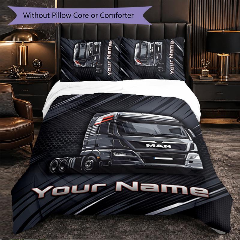 Set Biancheria da Letto Personalizzato con Testo Nome Camion MAN, 1 Copripiumino & 2 Federe Regalo Personalizzato per Camera da Letto