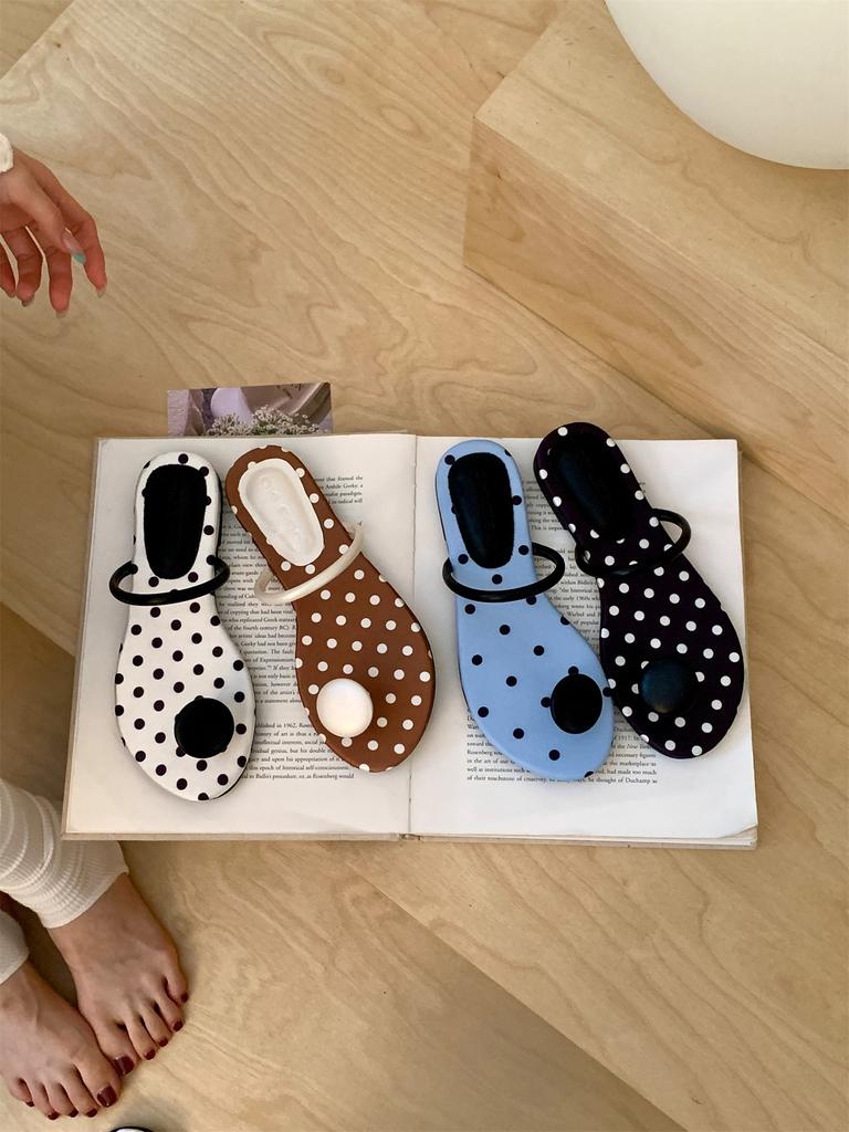 Polka Dot Toe Slippers Women Wear Summer Flat-Bottomed Beach Slippers Holiday Style Sandals Women