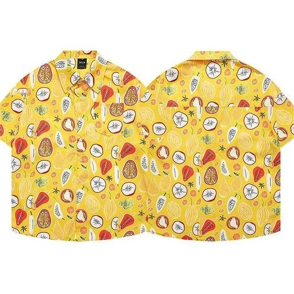 

Летняя мужская уличная мода с фруктовым дизайном, кубинский воротник, гавайская рубашка, японский стиль, пляжные рубашки с короткими рукавами и цветочным принтом, топы для отдыха на море