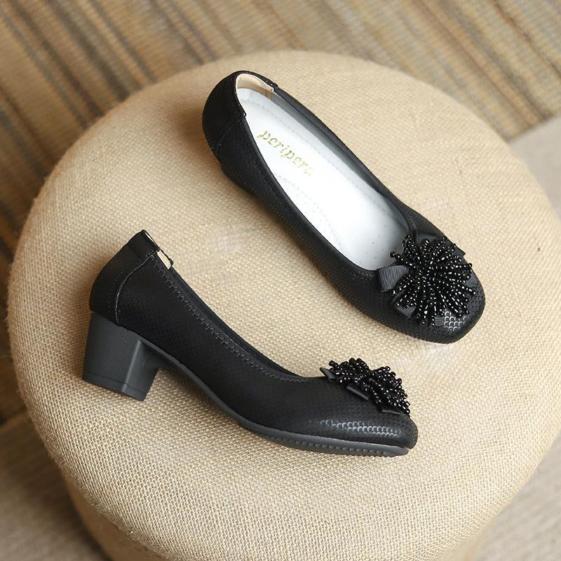 Fashion Women's Shoes Spring New Thick Heel Cowhide Shallow Mouth Single Shoes Printed Beaded Wedding Party Fashion Women Pumps