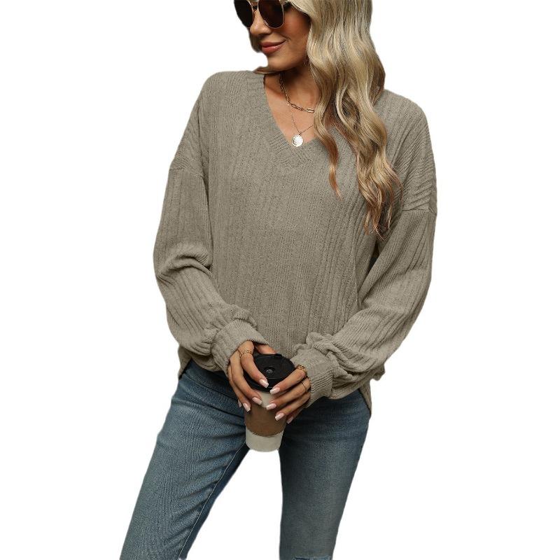 Autumn and Winter V-neck Loose Casual Long Sleeved T-shirt Women Fashion Elegant Simple New Solid Color Top Office Shirt Women's Clothing