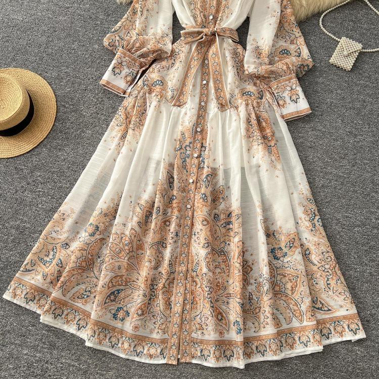 Elegant Vintage Palace Evening Dress Women Long Party Dress Spring France Print Sashes Tying Luxury Festival Clothing New Female