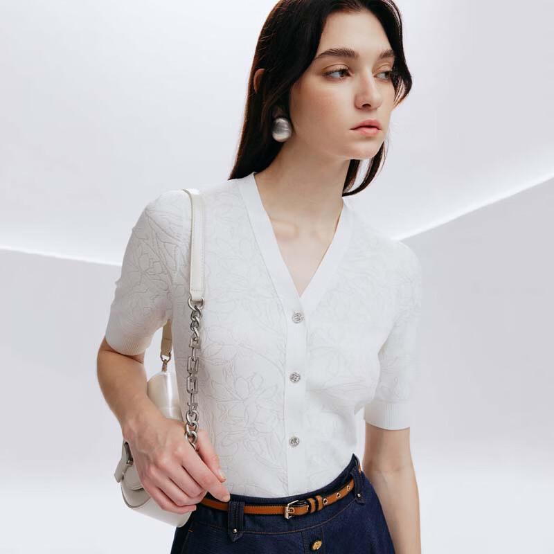 

JESSIE Women s Elegant Waist-Cinching Jacquard Short Sleeve Knit Top L