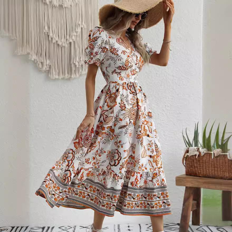 2023 Summer Stand-Up Collar Puff Sleeve Dress with All-Over Print