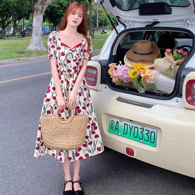 Sophisticated temperament lady vacation style going out dating dress women's summer square collar waist thin medium and long dress