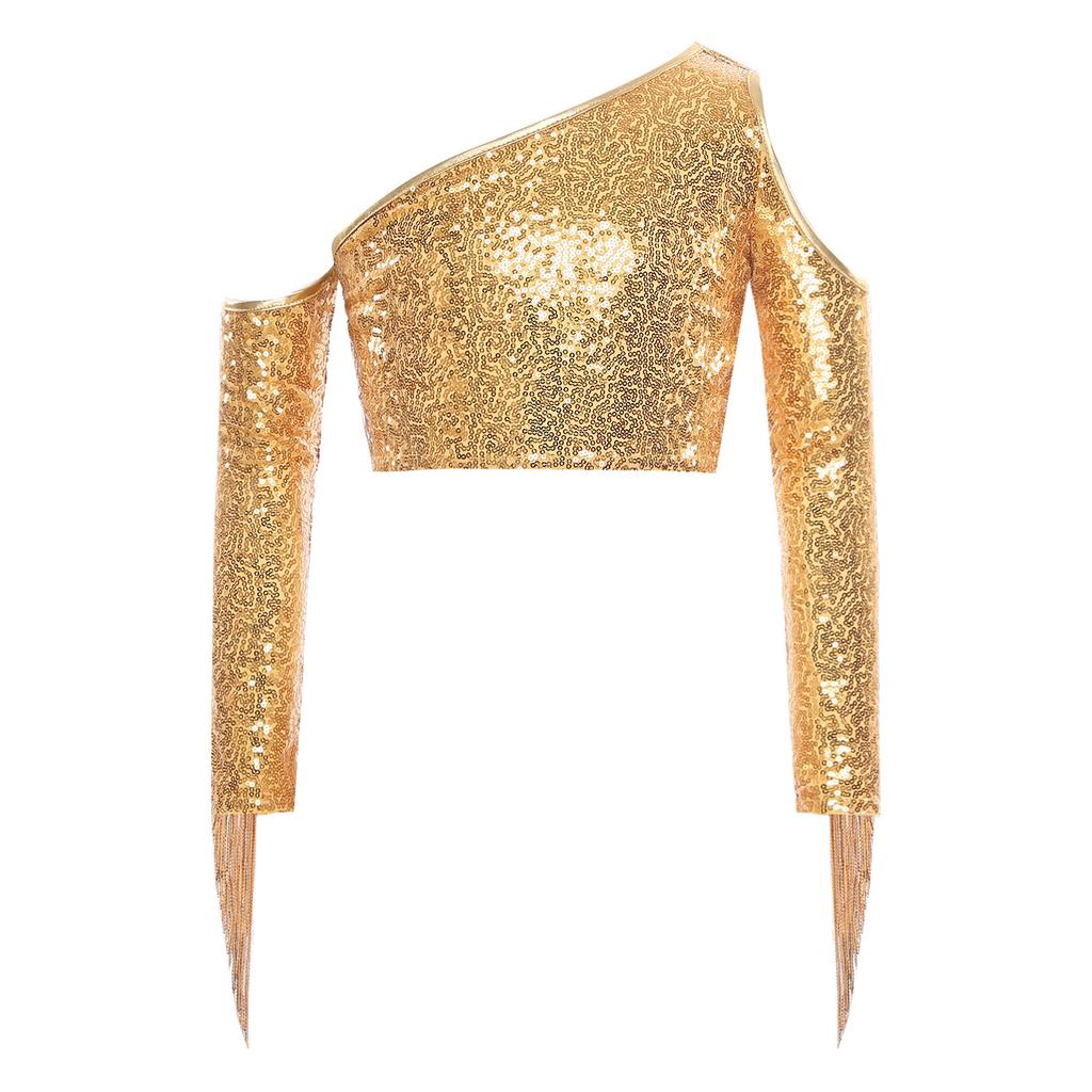 Mädchen Performance Top Ein Schulter Langarm Pailletten Quasten Detail Schönheitswettbewerb Bühne Wettbewerb Crop Top