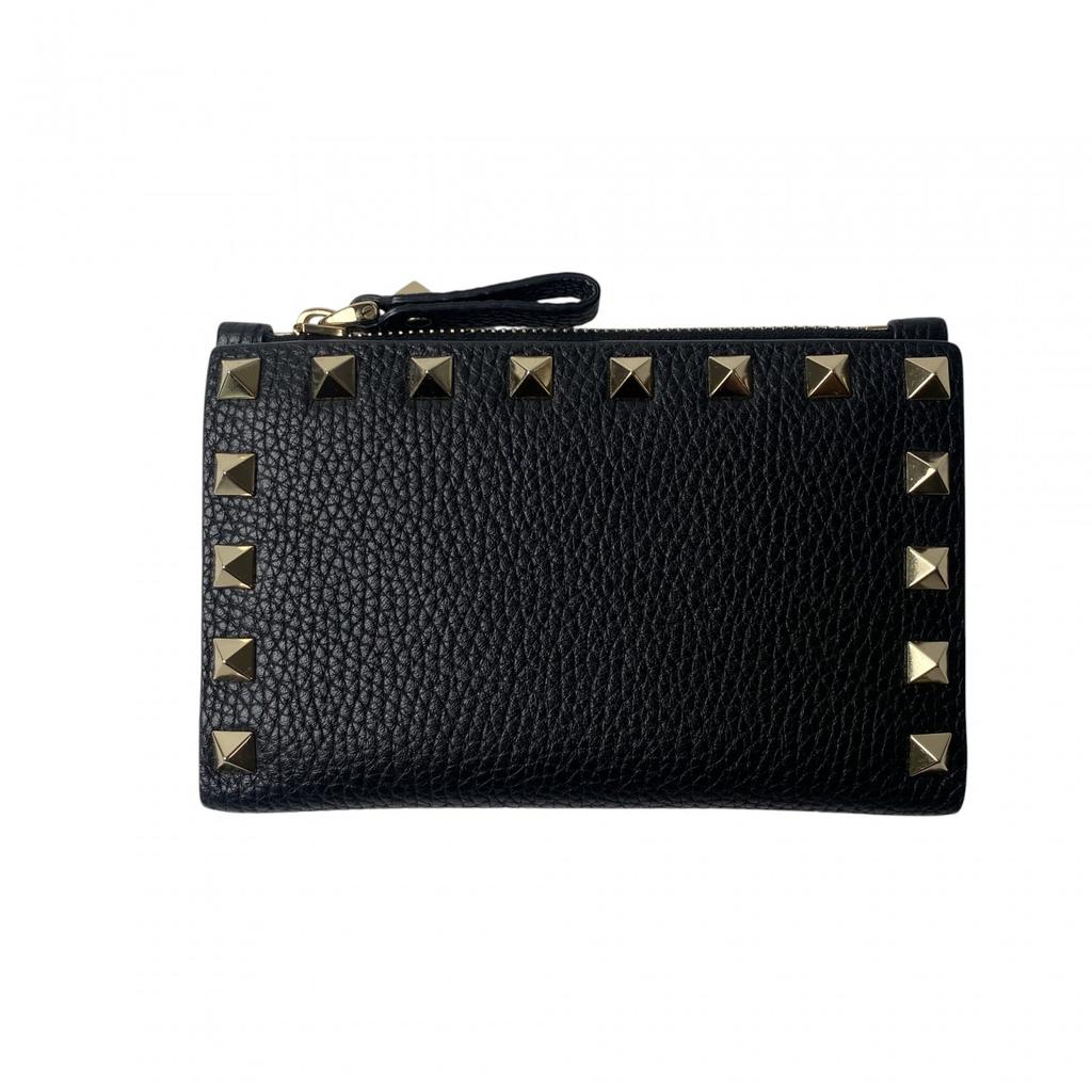 Carteira Bifold Valentino Garavani usada couro preto/dourado Mulher