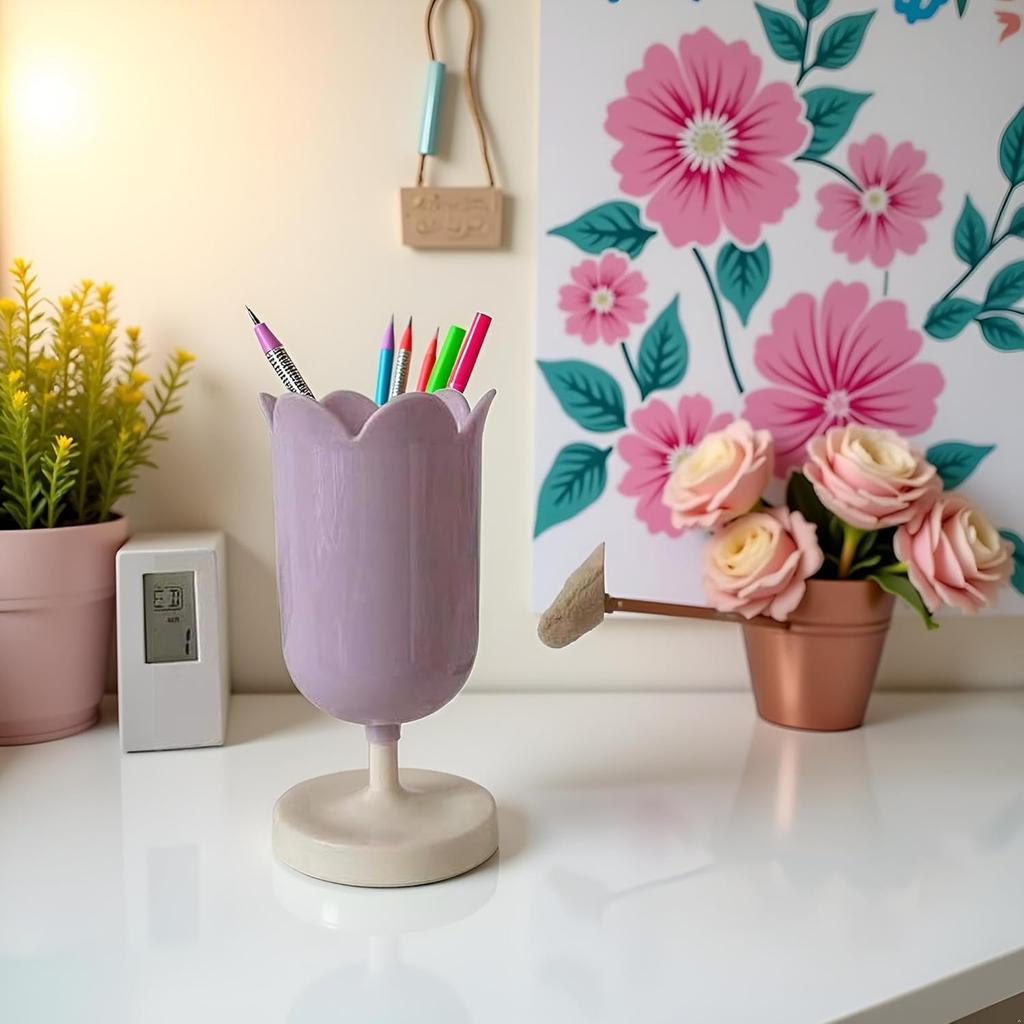 Pen Holder for Desk, Plastic Tulip Pen Holder Girl Small Makeup Box Cute Stationery Organizer Pencil Stand Case Pencil Cups Desktop Decoration Pencil