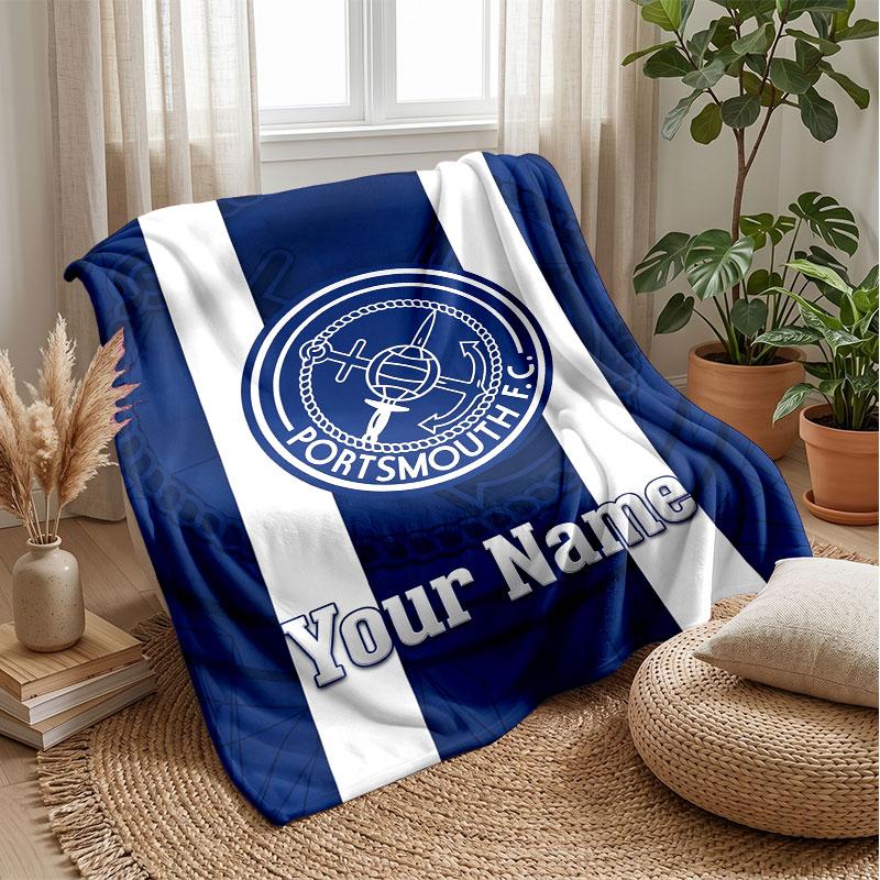 Portsmouth FC Custom Name Text Flannel Blanket Soccer Logo Personalized Fleece Throw Blanket Special Gift For Sofa Bedroom Home