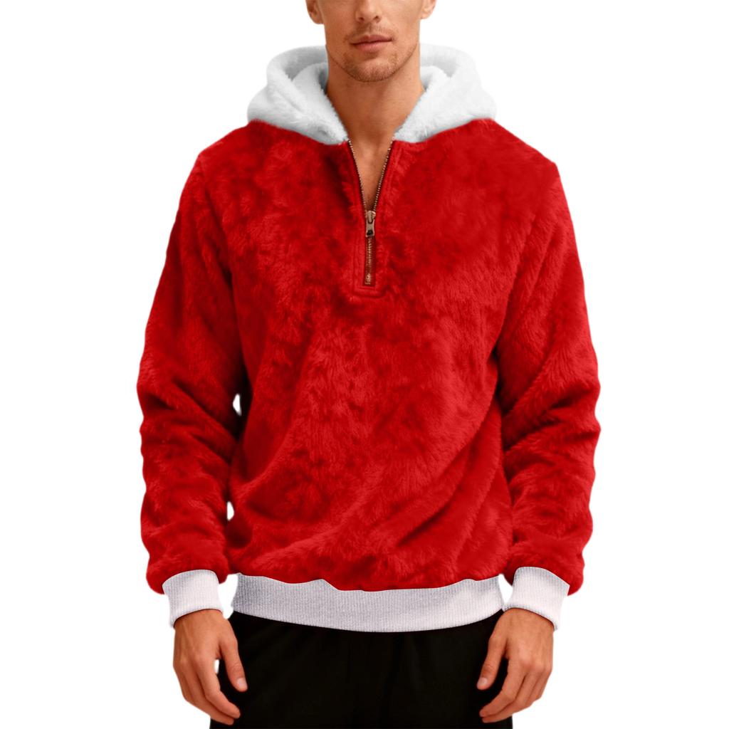 Pánská plyšová mikina s kapucí a polovičním zipem