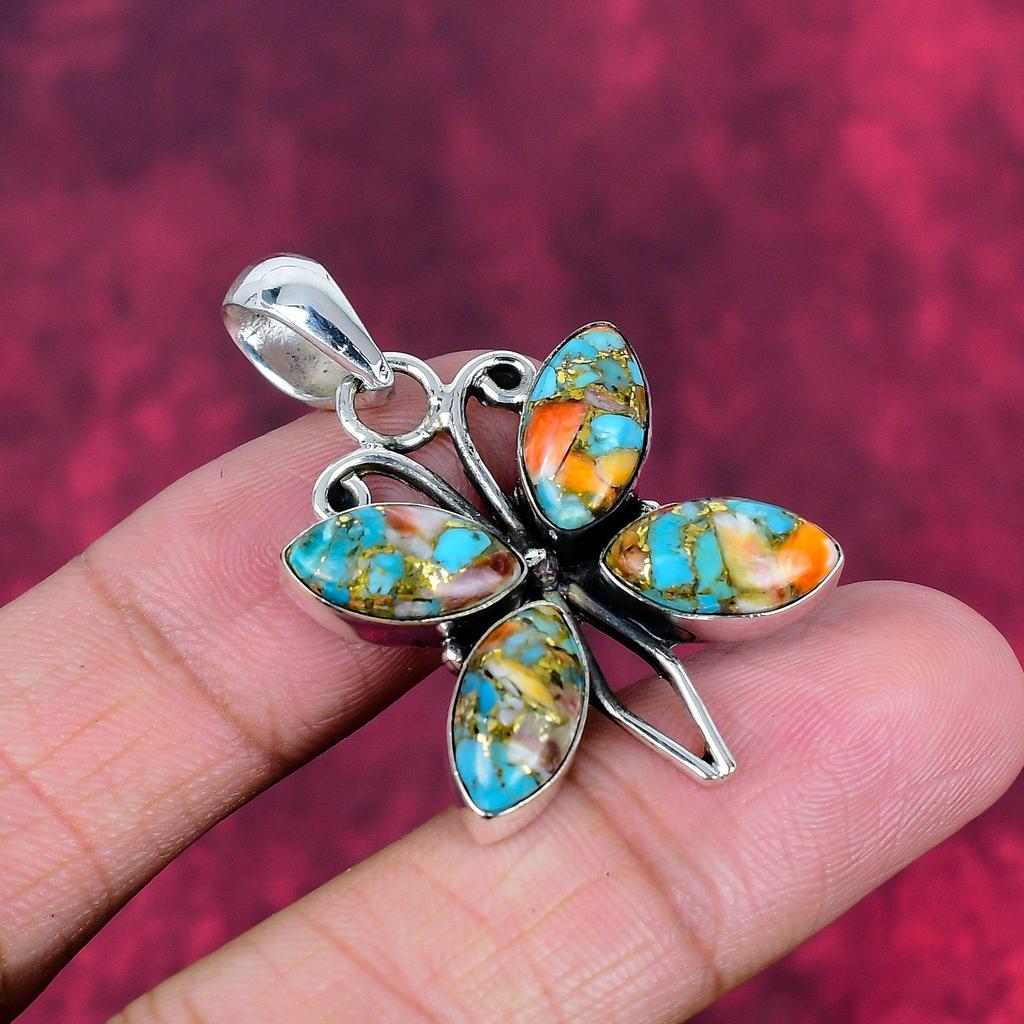 Orange Copper Turquoise 925 Solid Sterling Silver Pendant, Handmade Gemstone Pendant Jewelry, Designer Pendant For Her