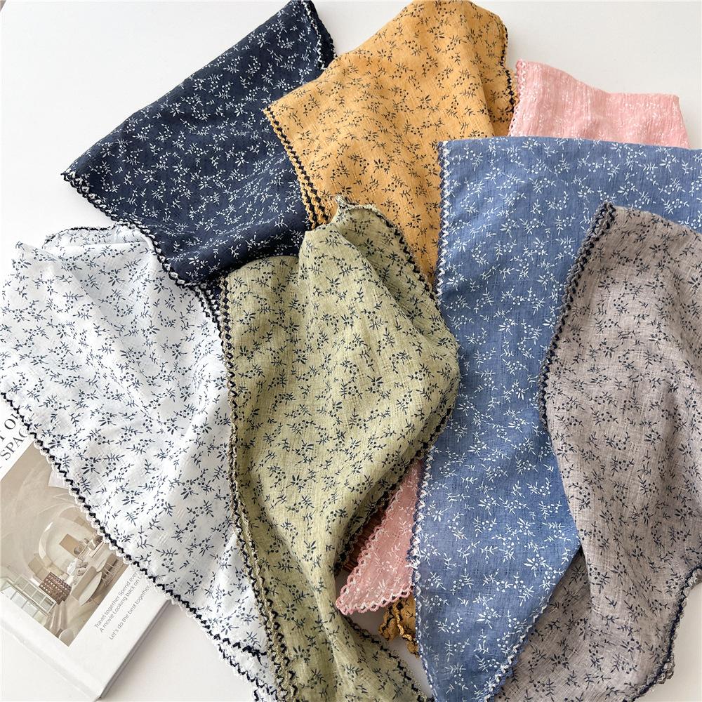 Dünner Floral Dreiecksschal Leichter Vintage Halsschal Bequemer Baumwoll-Leinen-Schal für Damen