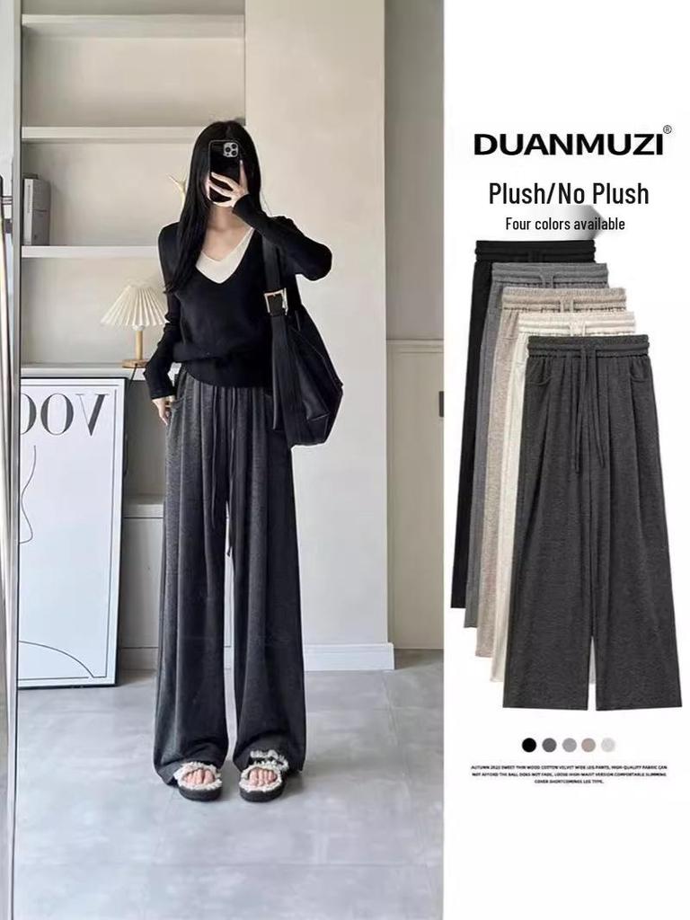 Plus Size Women's Gray High Waist Wide-Leg Pants - Spring/Summer Casual Draped Trousers