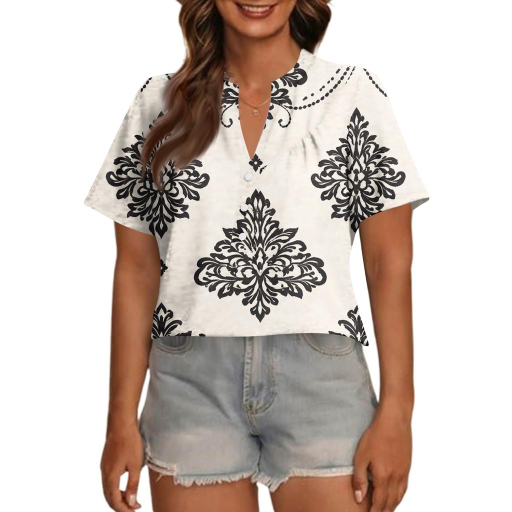 Women's Fashionable Casual V Neck Button Up Oversized Short Sleeve Printed Top