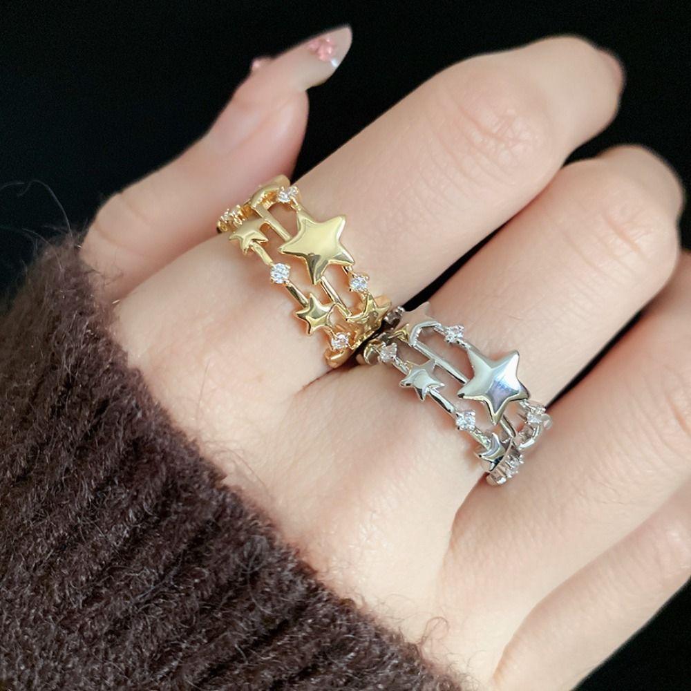 Korean Style Zircon Star Ring Geometric Irregular Finger Ring Vintage Y2k Open Ring  Friend