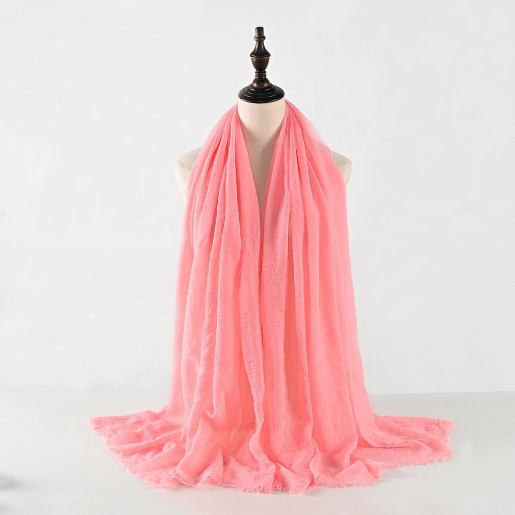 Crinkled Cotton-Linen Blend Scarf with Fringe - Solid Color, 90x180cm, Women's Headscarf