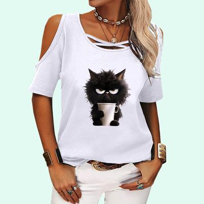 Women Fashion Off Shoulder Tee Shirt Summer&fall Round Collar Short Sleeve Top Female Fashion Cat Print T-shirt
