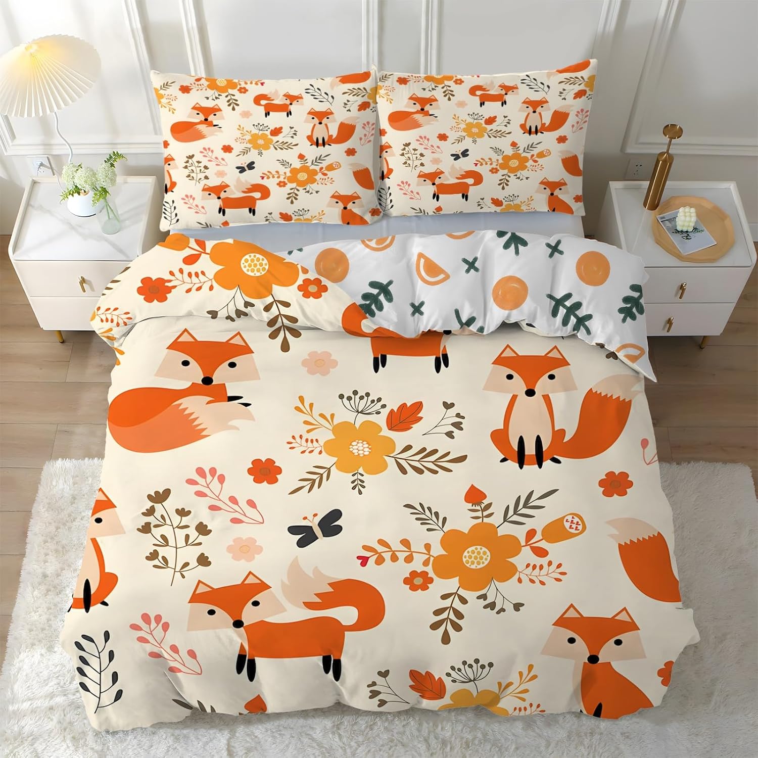 Schattige Cartoon Vos Beddengoed Set, 3D Print Zacht en Comfortabel Omkeerbaar Eenpersoons Dekbedovertrek met Kussensloop Slaapkamerdecoratie Cadeau 90x200cm 2pcs&Duvet Cover