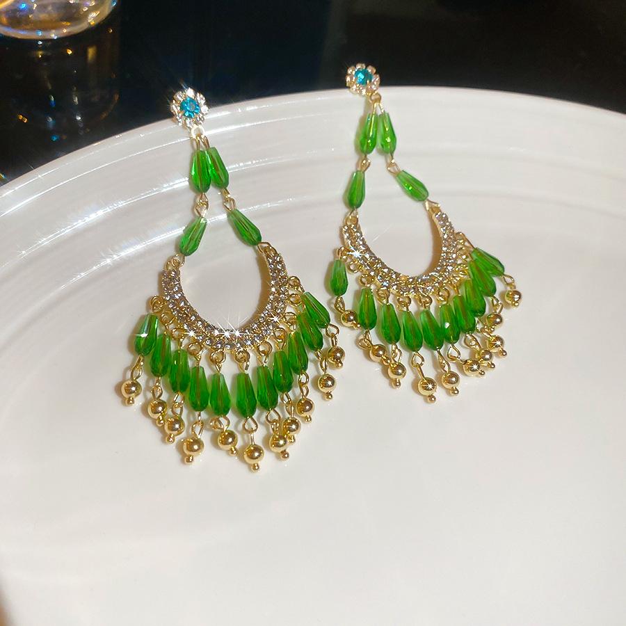 Bohemian water droplets crystal rice beads fringed ear hooks retro ethnic style earrings fashion vacation style earrings