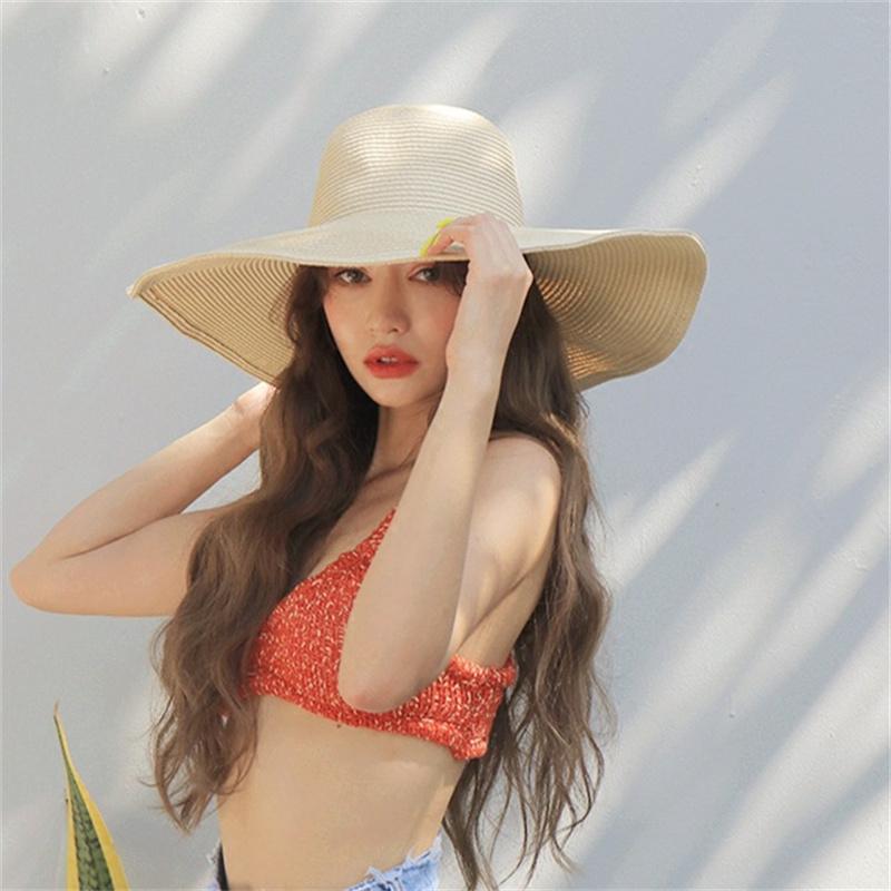 Summer Women Wide Brim Straw Hat 48Cm Big Beach Sun Hats For Women Large Uv Protection Foldable Panama Caps Female Lady Chapeau