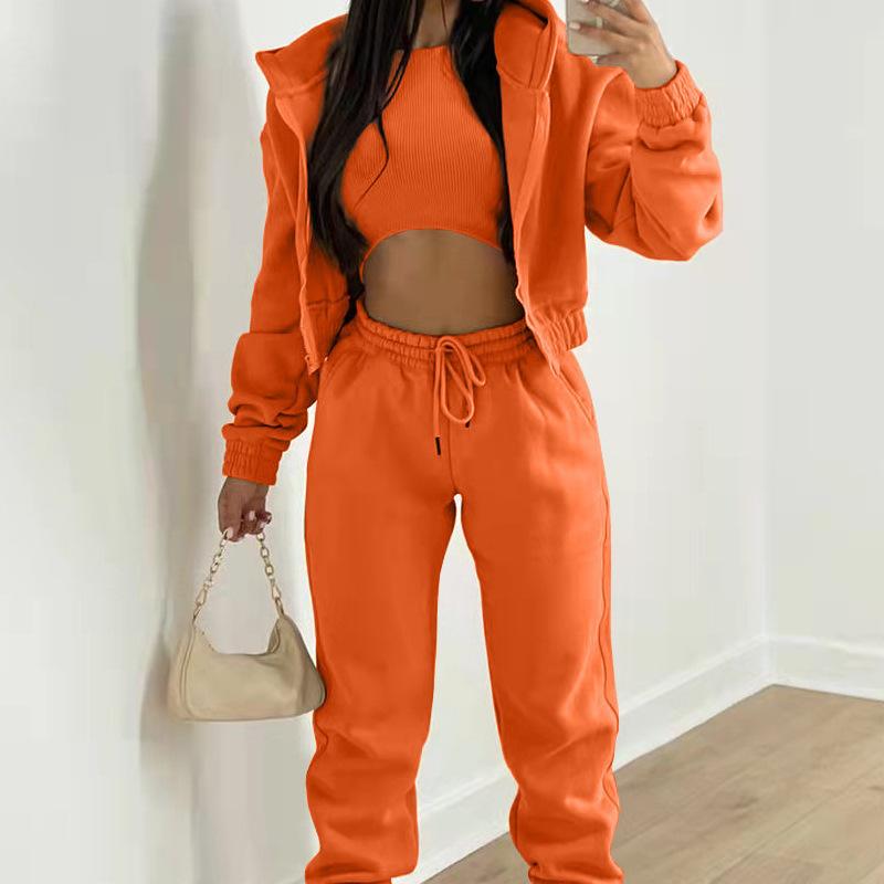 Spring and Autumn New Women's Clothing Solid Color, Simple Hooded Sweatshirt, Sports Casual Pants Three Piece Set