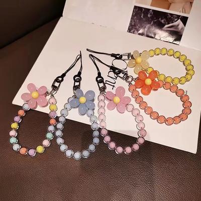 Women Phone Wrist Lanyard Candy Color Flower Beads Phone Wrist Rope Anti-lost
