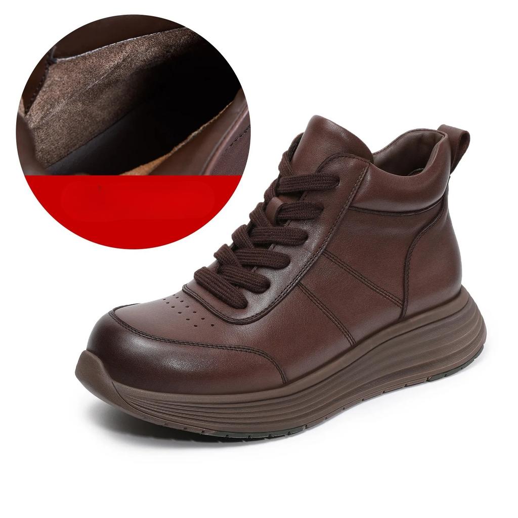 Johnature Lace Up Genuine Leather Short Boots Thick Soled Leisure Soft Soled Wedge Heels Women's Shoes