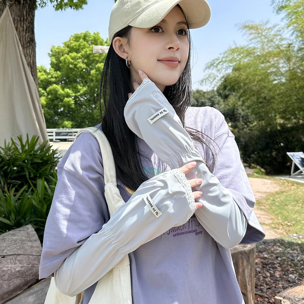 Summer Solid Color Lace Edge Sunscreen Sleeves Women'S Uv Protection Arm Guards Ice Silk Gloves Sunshade Driving Ice Sleeves