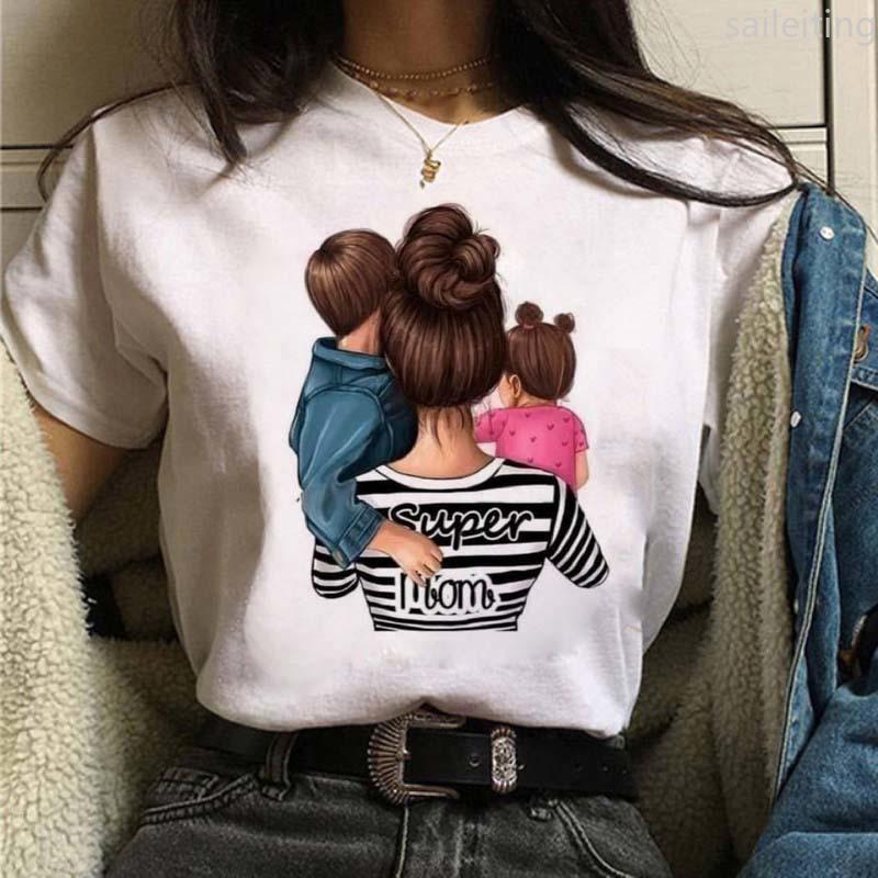 

Women T-shirts Cute Mom and Daughter Black Summer Short Sleeve Female Tops Summer Sleeved Harajuku Streetwear Tops Tees XL