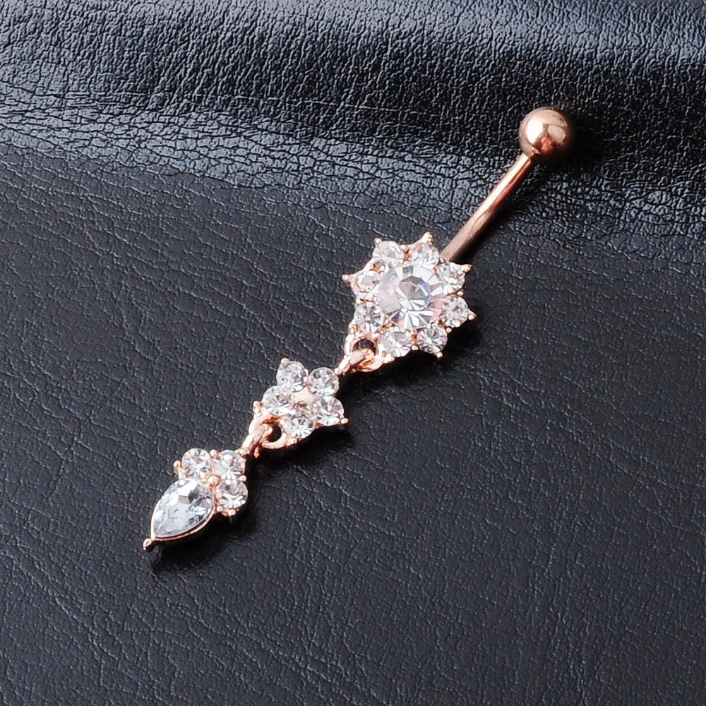 European & American Water Drop Flower Belly Button Ring with Diamond Pendant