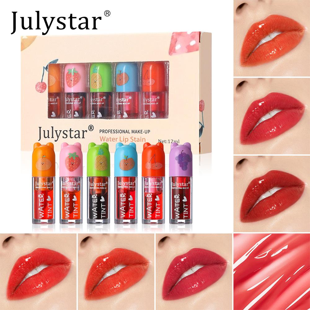 Julystar 6Pcs Lip Stain Set - Cute Bear Fruit Flavored Lip Tint Liquid Lip Gloss Kit, Long Lasting Waterproof Moisturizing Makeup Gift Set