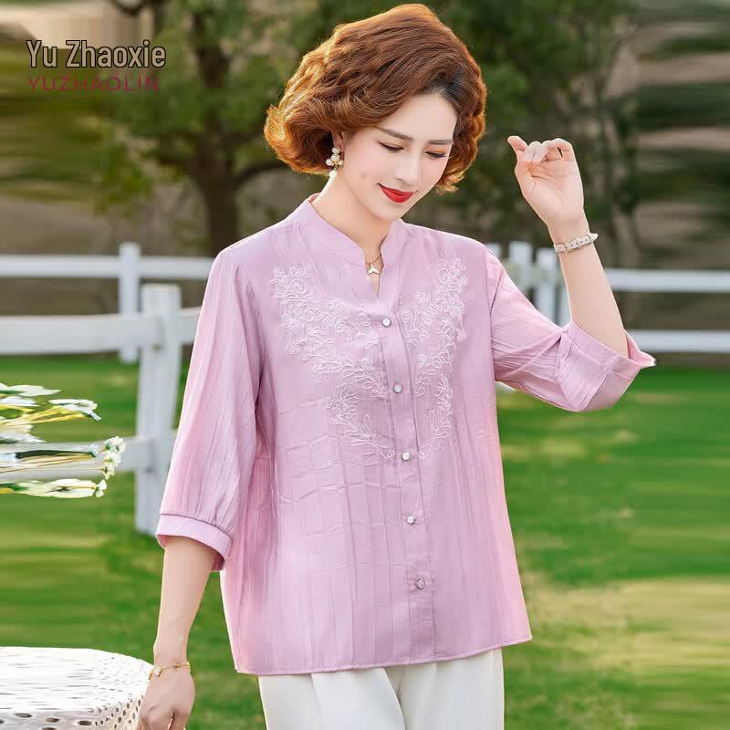 

YUZHAOLIN Women s New Chinese Style Embroidered Mid-Sleeve Shirt 2XL