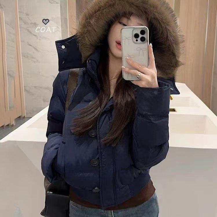 Women Puffy Parkas Winter Warm Casual Preppy Style Cute Cotton Coat Korean Fashion Long Sleeve Faux Fox Hooded Jacket