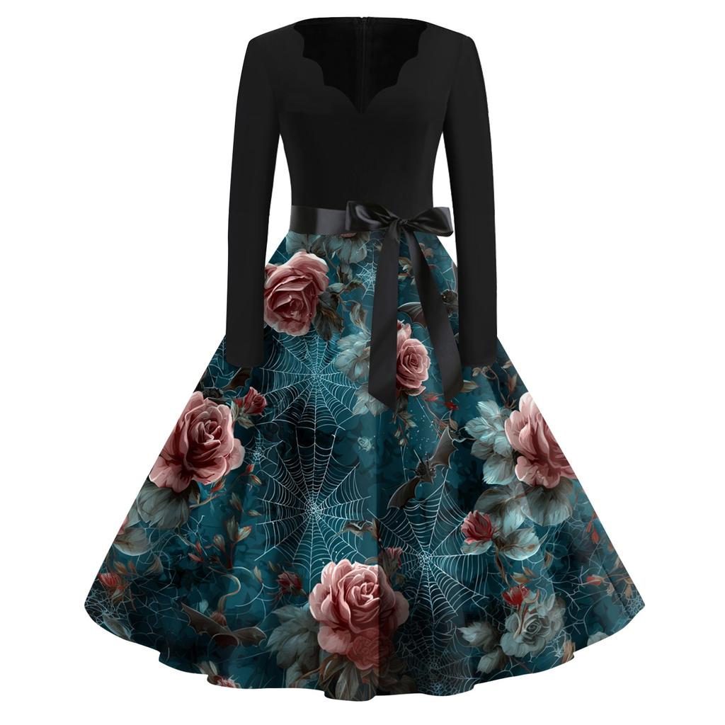 Women Casual Vintage Dress V Neck Long Sleeve Floral Print Retro Swing Dress with Waist Tie for Halloween