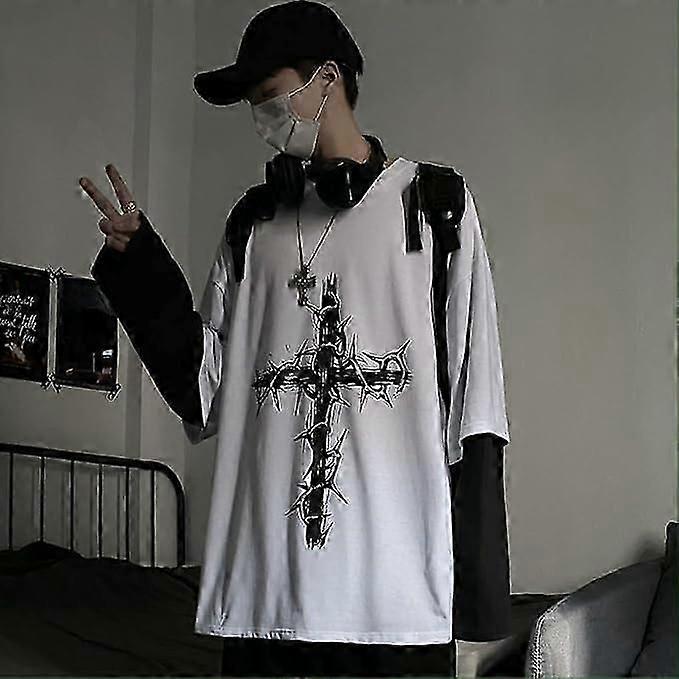 Herren Damen Gothic Shirt Y2K Emo Grunge Alt Vintage Langarm Top T-Shirt Dark Academia Harajuku Kreuz Sweatshirt Kleidung