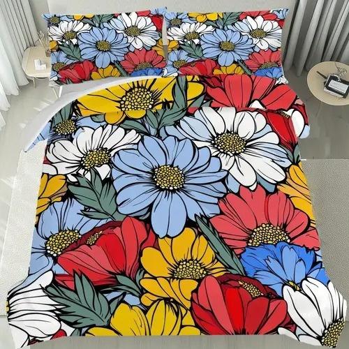 Bright Colorful Floral Pattern Duvet Cover Queen Size Colorful Floral Bedding Set For Home Decor Room Decoration 3 Piece Set