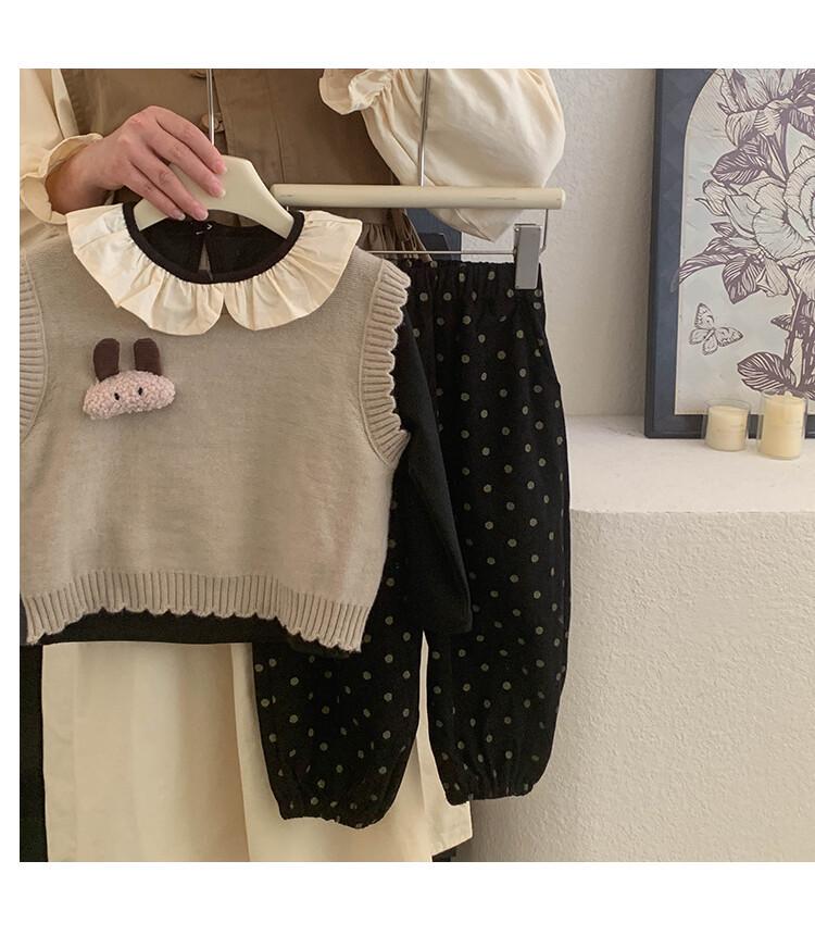 2025 Autumn Girls' Korean Long-Sleeve Knit Vest & Polka Dot Pants Set